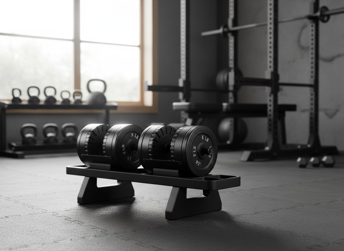 A high-end adjustable dumbbell set made of matte black steel with clearly visible weight markings, resting on a sturdy low stand in a bright home gym. The background shows neatly organized real fitness equipment: a power rack, a flat bench, and a row of kettlebells on a rack, all slightly out of focus to keep product clarity on the dumbbells. Soft morning daylight enters from a large side window, creating natural highlights on the metal edges and gentle shadows on the rubberized floor tiles. Photographic realism, eye-level composition with a shallow depth of field, clean and modern mood that feels professional and trustworthy, ideal for a fitness affiliate product feature without any text or people.