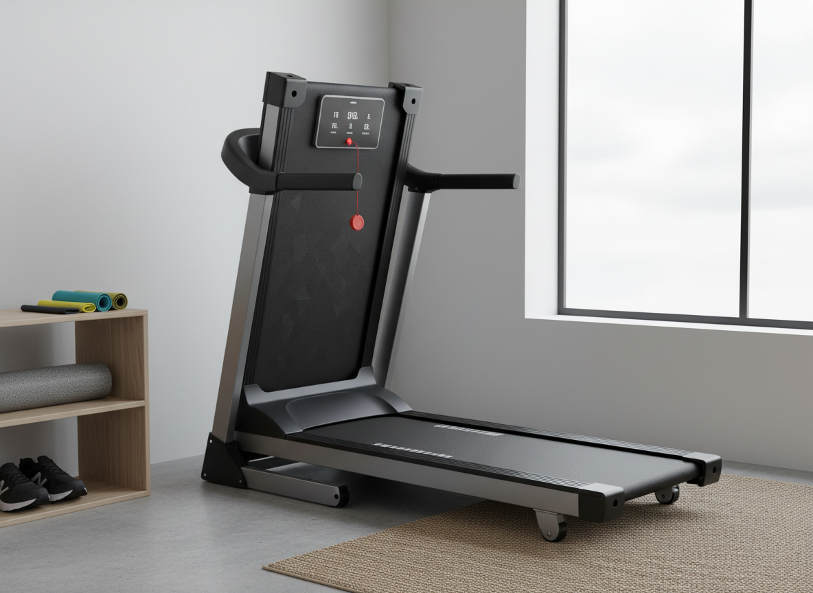A compact folding treadmill with a sleek black and silver frame positioned in a minimalist living room corner, clearly showing its control panel, safety key, and running belt texture. Around it, a small open shelving unit holds neatly arranged resistance bands, a foam roller, and a pair of running shoes, visually indicating real-world use. Diffused overcast light filters through a large window, keeping every detail of the product sharp and legible. Shot from a slightly elevated angle in photographic realism, with balanced composition and moderate depth of field, the mood is practical and encouraging, emphasizing how to train smarter and buy better home cardio equipment without any humans or on-screen claims.