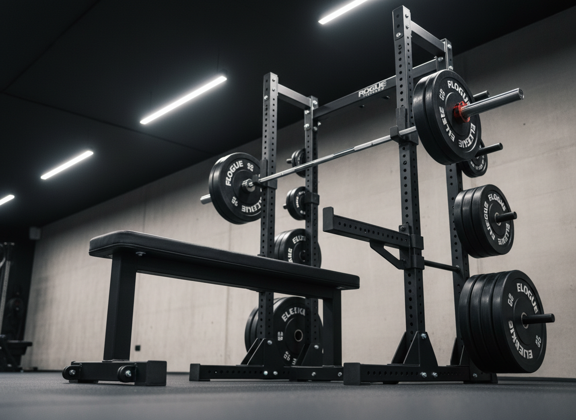 A clean strength-training setup centered on a sturdy flat weight bench with thick black padding and a heavy-duty steel frame, positioned in front of a loaded barbell resting on a half rack. The knurling on the bar and the weight plate branding are clearly visible, with additional plates organized neatly on side storage pegs to showcase real equipment use. Overhead LED strip lighting creates even, cool white illumination, reducing harsh shadows and enhancing product clarity. Photographic realism from a low, three-quarter angle emphasizes durability and build quality. The atmosphere is focused and professional, suitable for a fitness affiliate comparison or review page, with the environment uncluttered and no text, logos, or people in the scene.